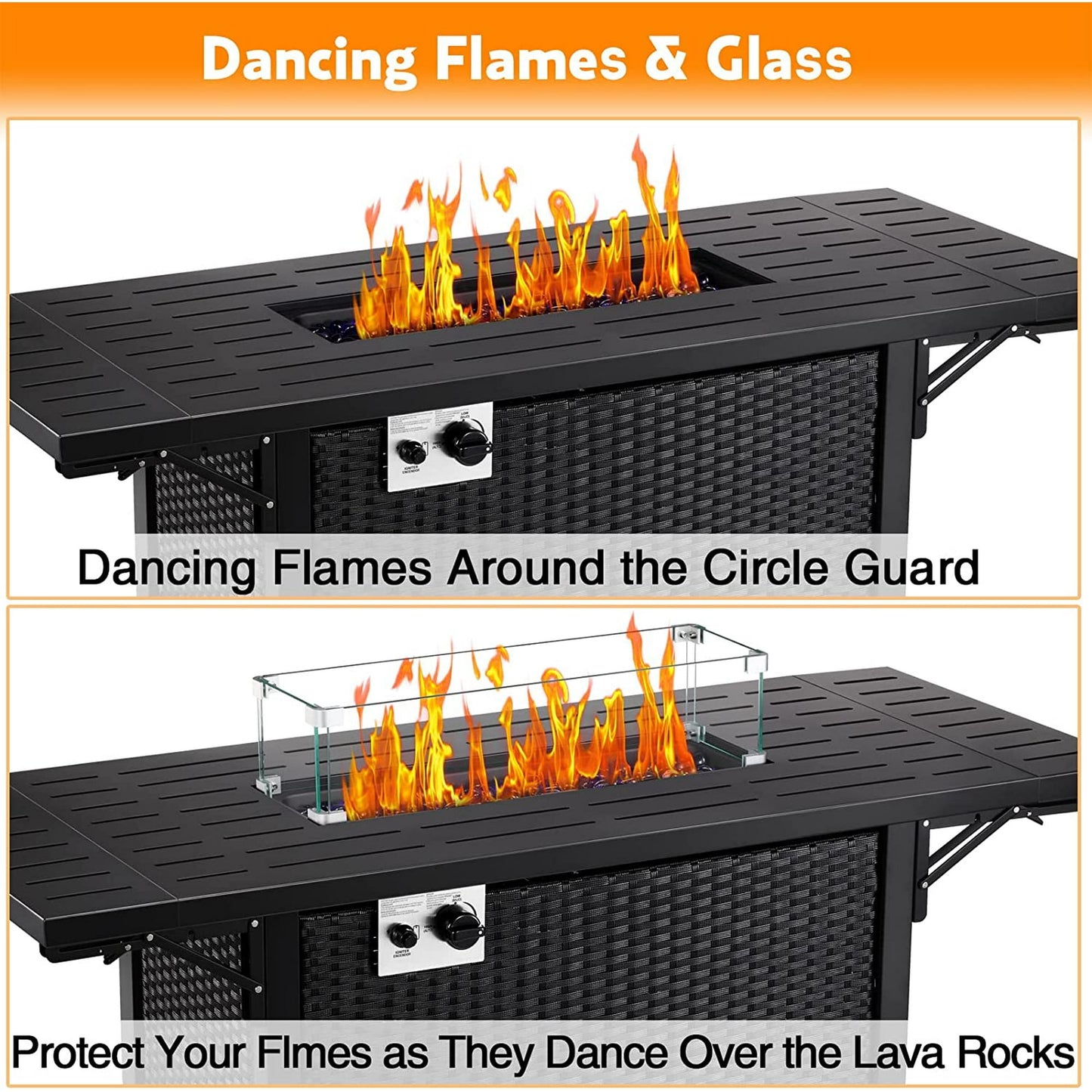 Auseo 55in Propane Fire Pit Table - Foldable Wicker Design - Lava Rocks & Glass Wind Guard - 50000 BTU