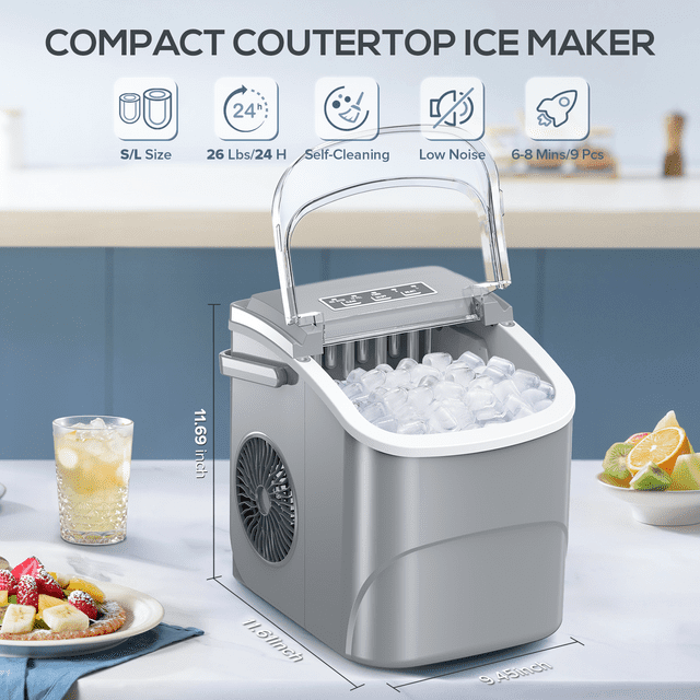 Auseo Pro Countertop Ice Maker, 2 Sizes of Bullet Ice, 26.5Lbs/24H, 9 Ice Cubes in 6 Mins, Portable Ice Machine with Self-Cleaning for Home/Party/Travel/Camping (Grey)