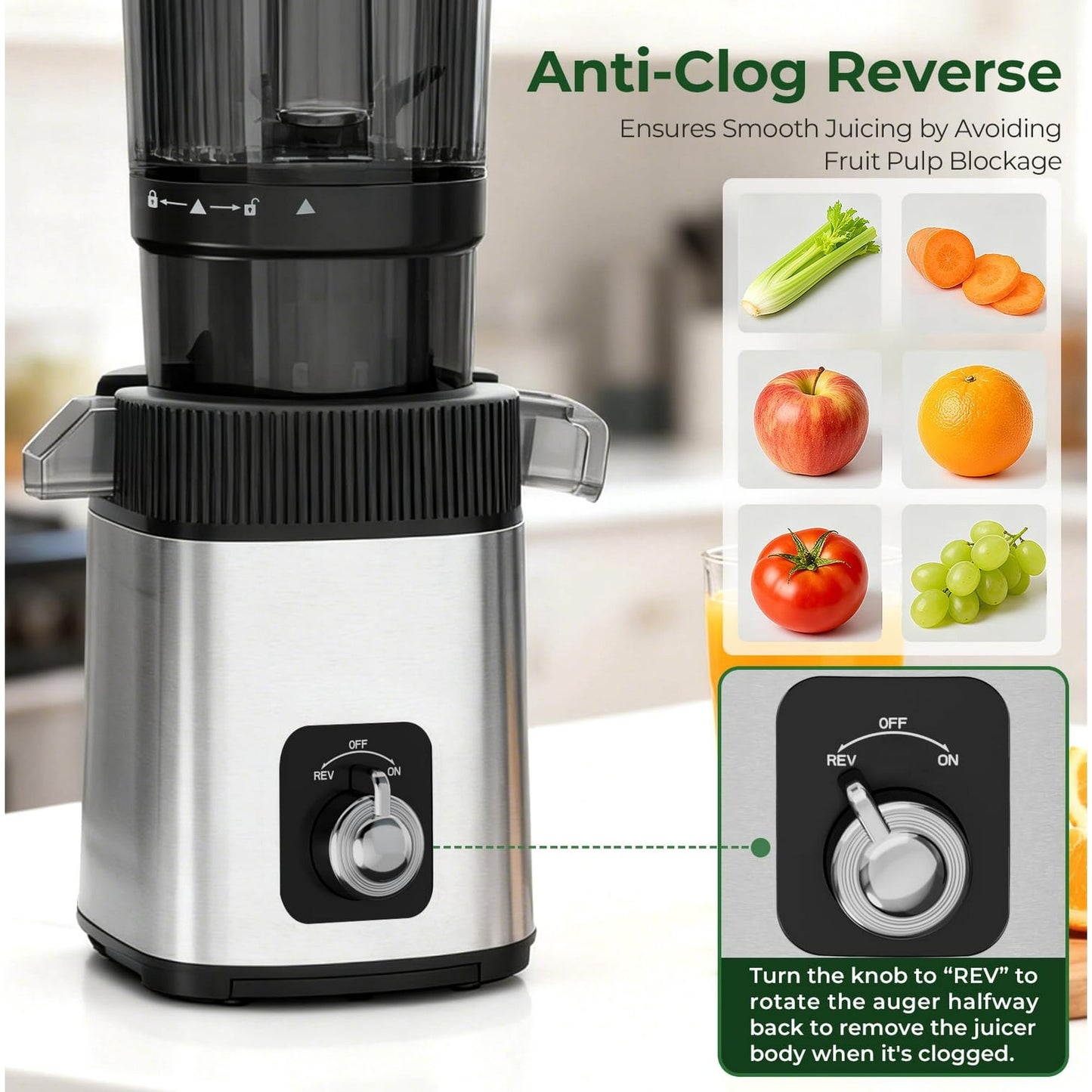 Auseo Cold Press Juicer Machine, 4.4" Wide Feed Chute Juicer, Slow Masticating Juicer Machine for Whole Vegetables & Fruits, High Juice Yield, Easy to Assemble & Clean