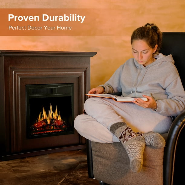 Auseo Electric Fireplace Mantel Wooden Surround Firebox, Free Standing Fireplace, with Remote Control, Adjustable LED Flame, 750W/1500W -Brown