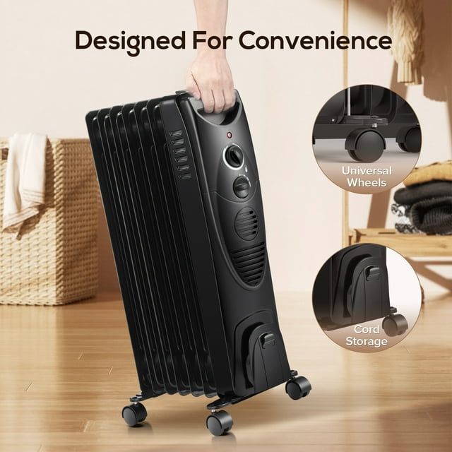 Auseo Electric Oil Filled Radiator Space Heater, Thermostat Room Radiant, Room Heater, Black