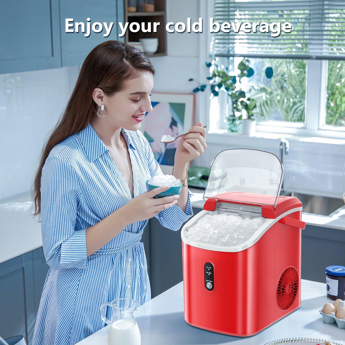 Auseo Nugget Ice Maker Countertop with Soft Chewable Pellet Ice, 35lbs/24H, Self-Cleaning, Sonic Ice Machine for Kitchen/Office/Party-RED