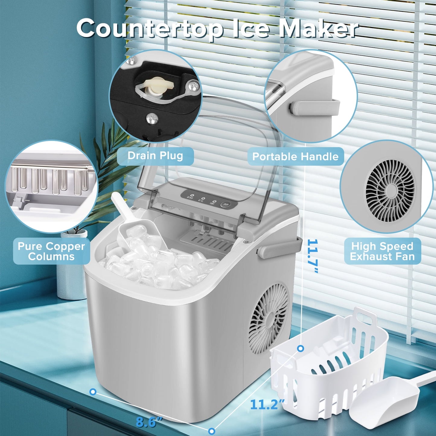 Auseo Portable Ice Maker, 26lbs/24H, 9Pcs/8Mins, Self-Cleaning, for Kitchen/Office/Bar/Party(Grey)