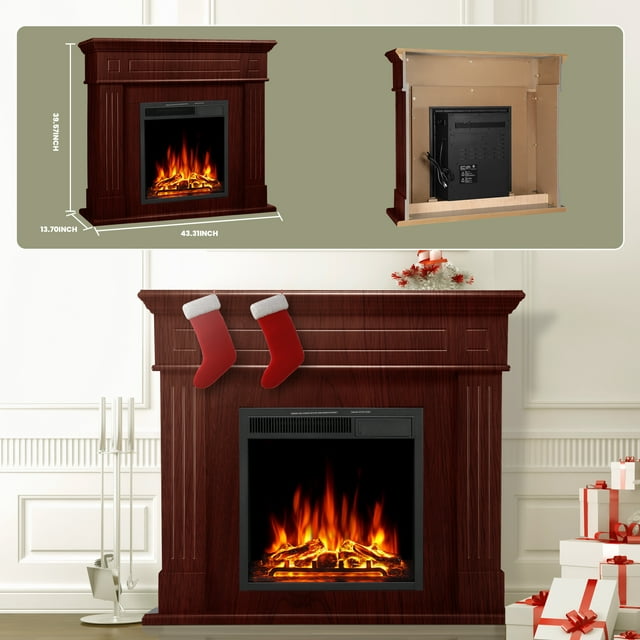 Auseo Electric Fireplace Mantel Package Wooden Surround Firebox TV Stand Free Standing Electric Fireplace Heater with Logs, Adjustable Led Flame, Remote Control, 750W-1500W, Brown