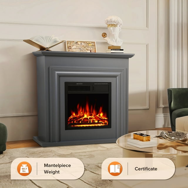 Auseo Electric Fireplace Mantel Wooden Surround Firebox, Free Standing Fireplace, with Remote Control, Adjustable LED Flame, 750W/1500W -(Grey)