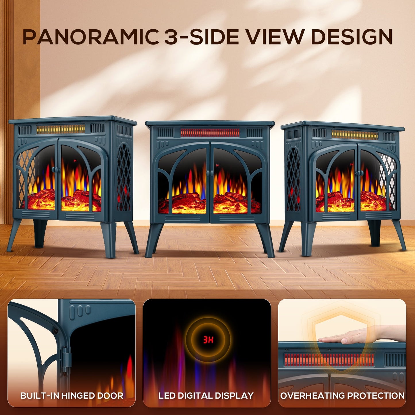 Auseo Electric Fireplace Heater 25’’ with 3D Realistic Flame Effect, Freestanding Fireplace with Remote Control, Timer, Different Flame Color,2 Heating Modes 500W/1500W, Darkgreen