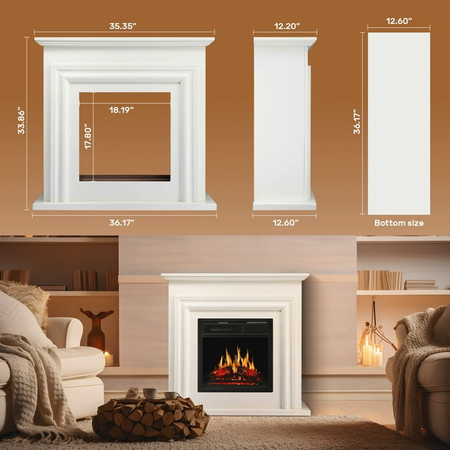 Auseo Electric Fireplace Mantel Wooden Surround Firebox, Free Standing Fireplace, with Remote Control, Adjustable LED Flame, 750W/1500W -(White)