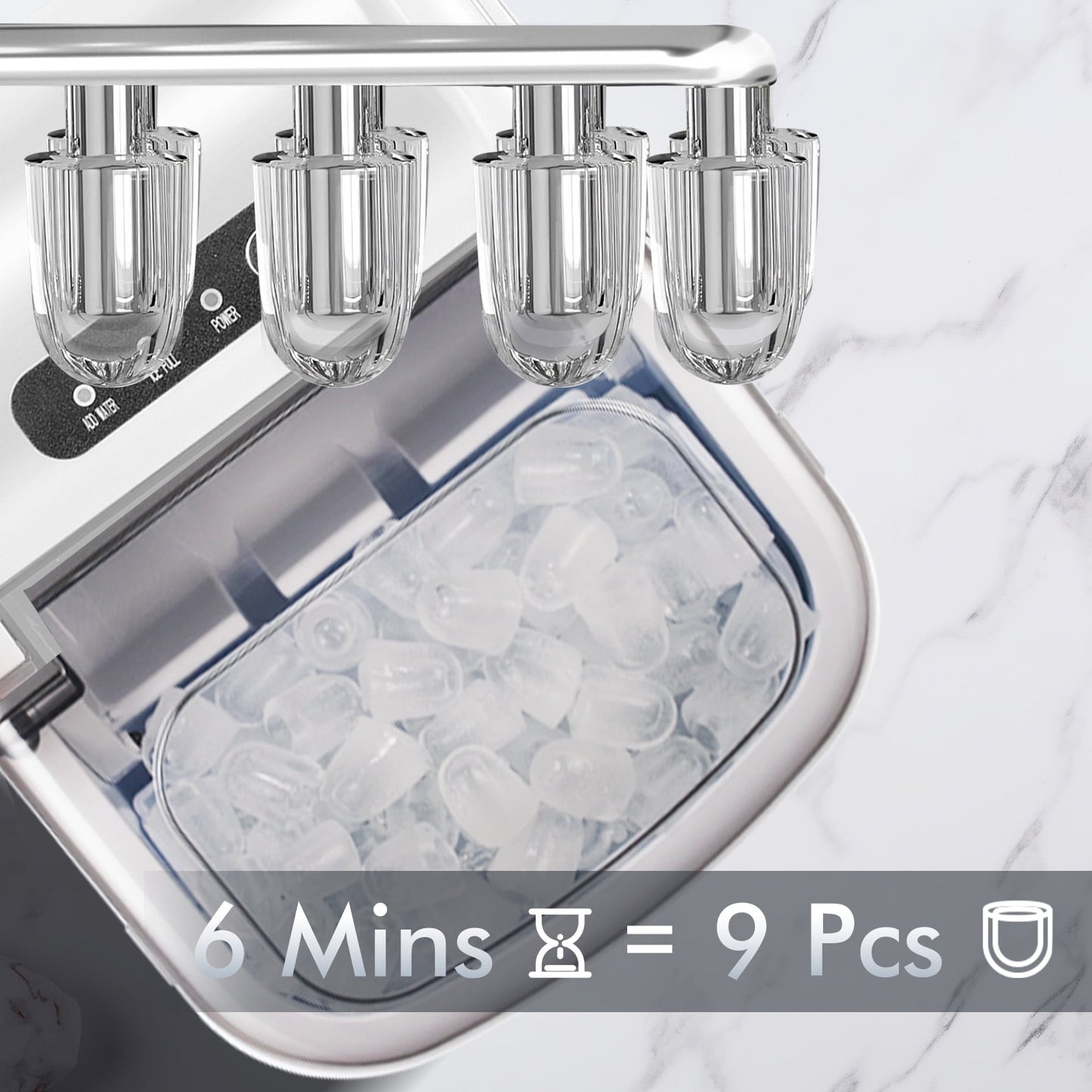 Auseo 26 lbs/24H Countertop Ice Maker Machine, 9 Bullet-Shaped Ice in 6 Min, Auto-Cleaning, White