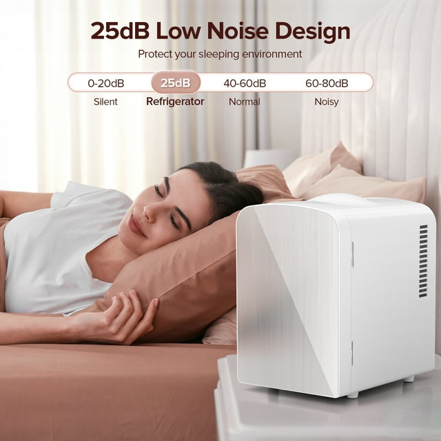 Auseo Mini Fridge Cooler Personal, Countertop, Portable 4L/6 Can Electric Plug In Cooler & Warmer for Food, Drinks, Skincare Beauty & Makeup, Stainless Steel, 12V AC/DC, Elegant White