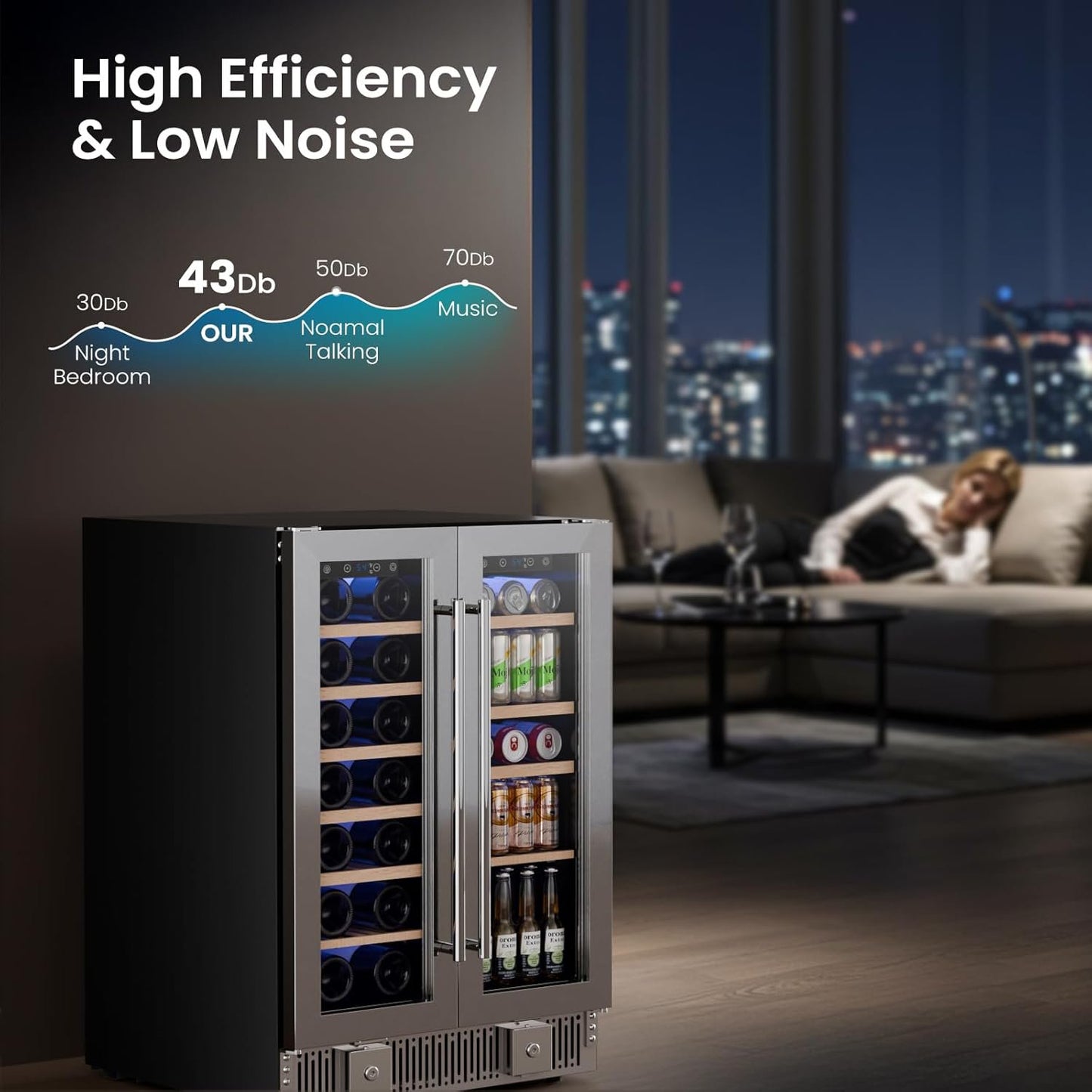 Auseo 24" Wine Cooler, 20 Bottle and 88 Cans Dual Zone Beverage Refrigerator with Glass Door, Built-in or Freestanding Wine/Beer/Beverage Fridge with Blue LED Light