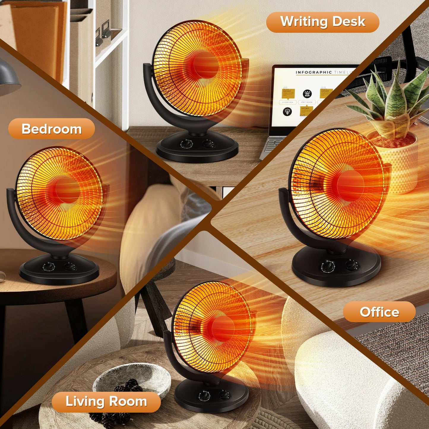 Auseo Radiant Dish Heater, 400W/800W, Oscillating Space Heater with Timer, Overheat and Tip-over protection
