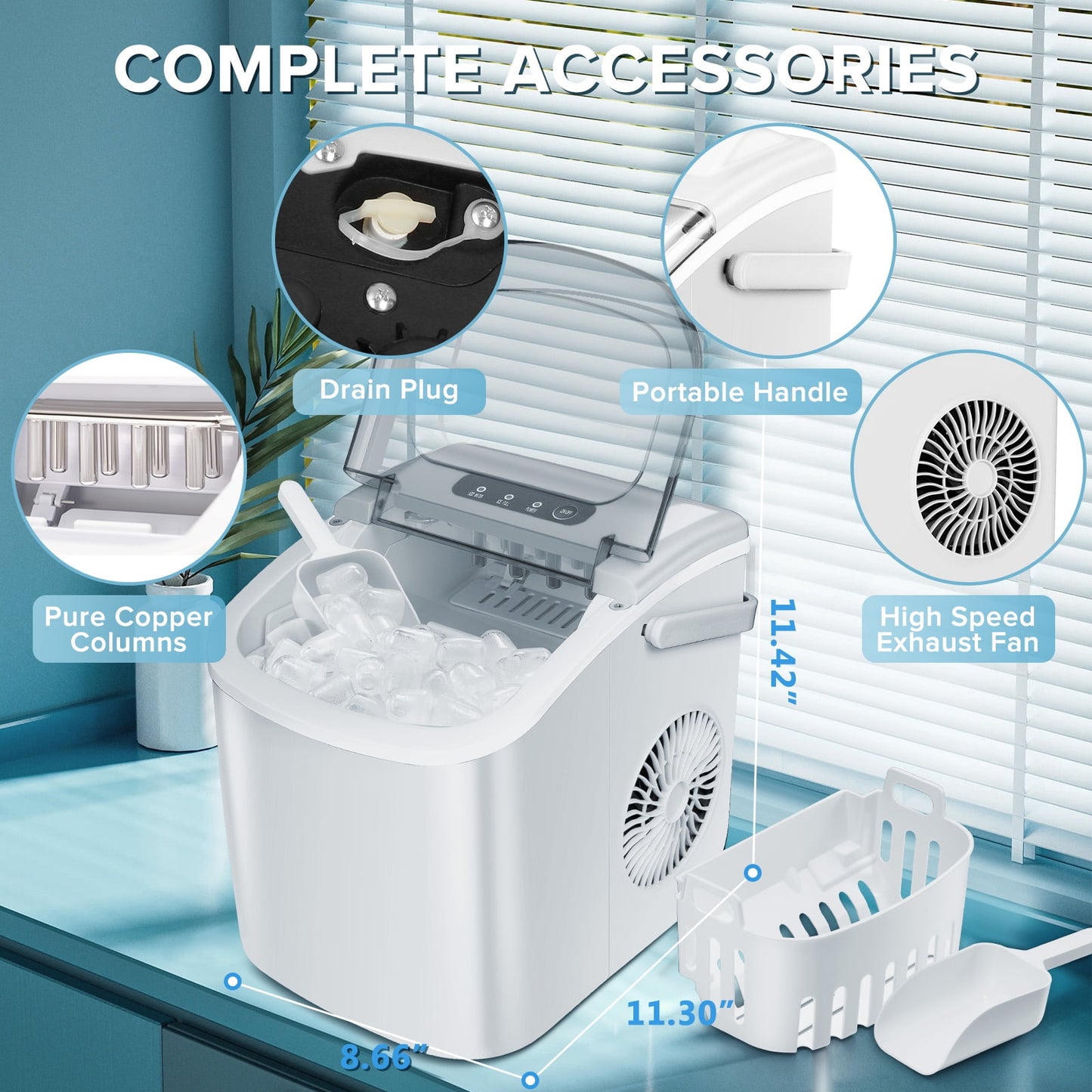 Auseo 26 lbs/24H Countertop Ice Maker Machine, 9 Bullet-Shaped Ice in 6 Min, Auto-Cleaning, White