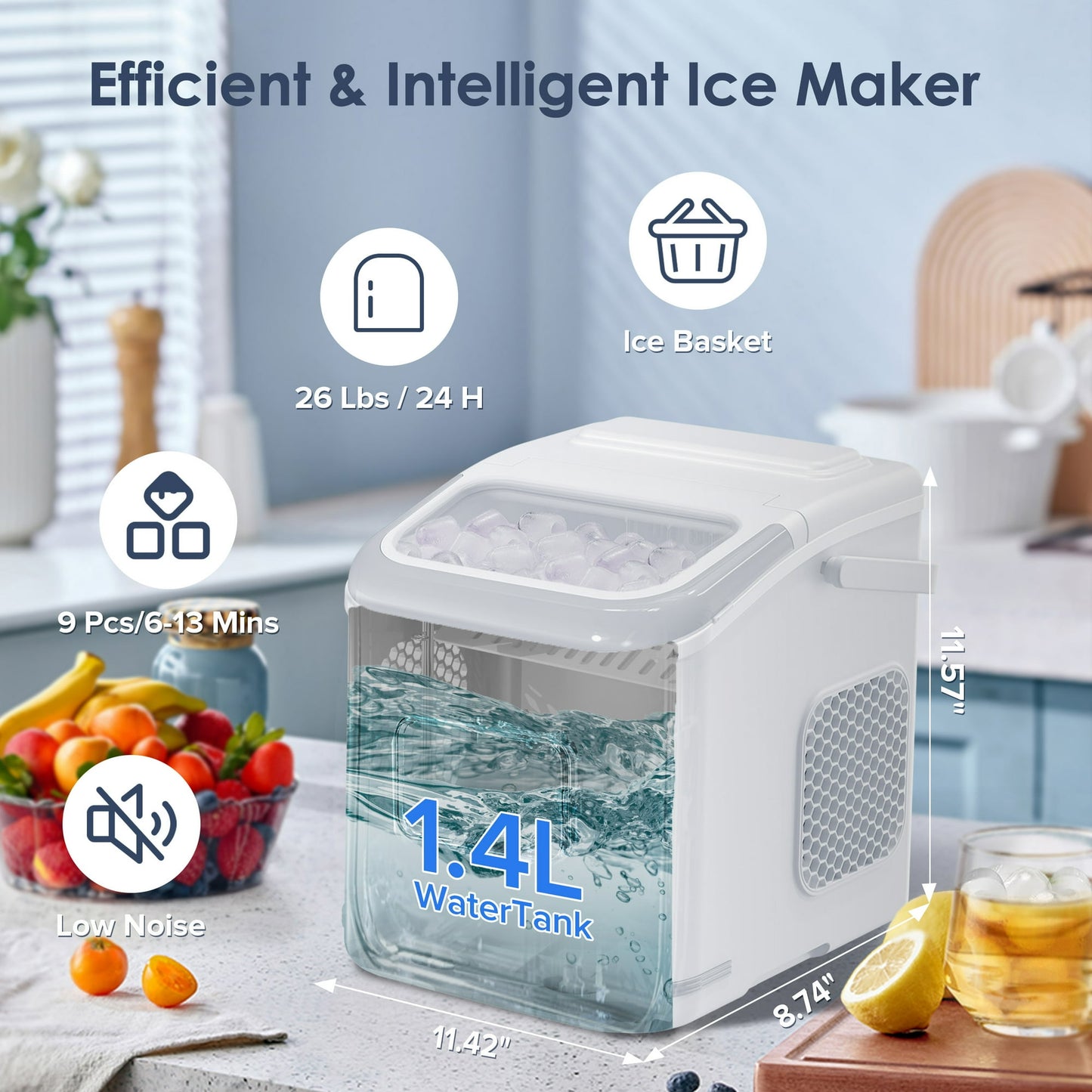 Auseo Countertop Ice Maker Machine, 26Lbs/24H, S/L 2 Size Ice Cube, Timer, Self-Cleaning, Portable Ice Machine with Handle and Ice Scoop