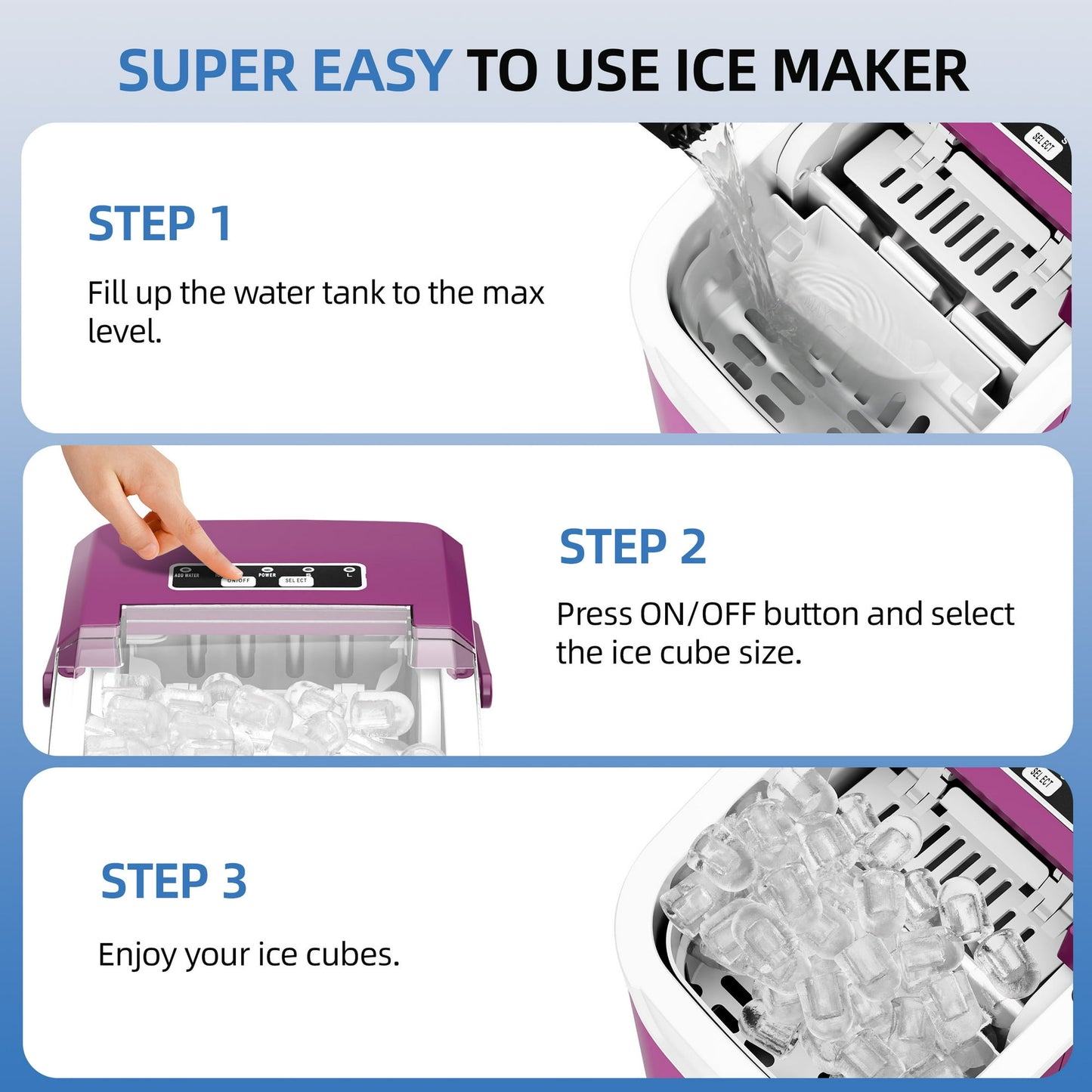 Auseo Countertop Ice Maker, 2 Sizes of Bullet Ice, 26Lbs/24H, 8 Ice Cubes in 6 Mins, Portable Ice Machine with Self-Cleaning for Home/Party/Travel/Camping (Light Purple)