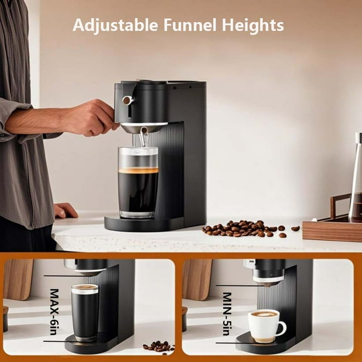 Auseo Single Serve Coffee Maker for Capsules & Grounds, 5 Brew Sizes (6-14 Oz), Adjustable Height, Compact Design, Fast & Easy Cleaning, Perfect for Home/Office/Travel, Black