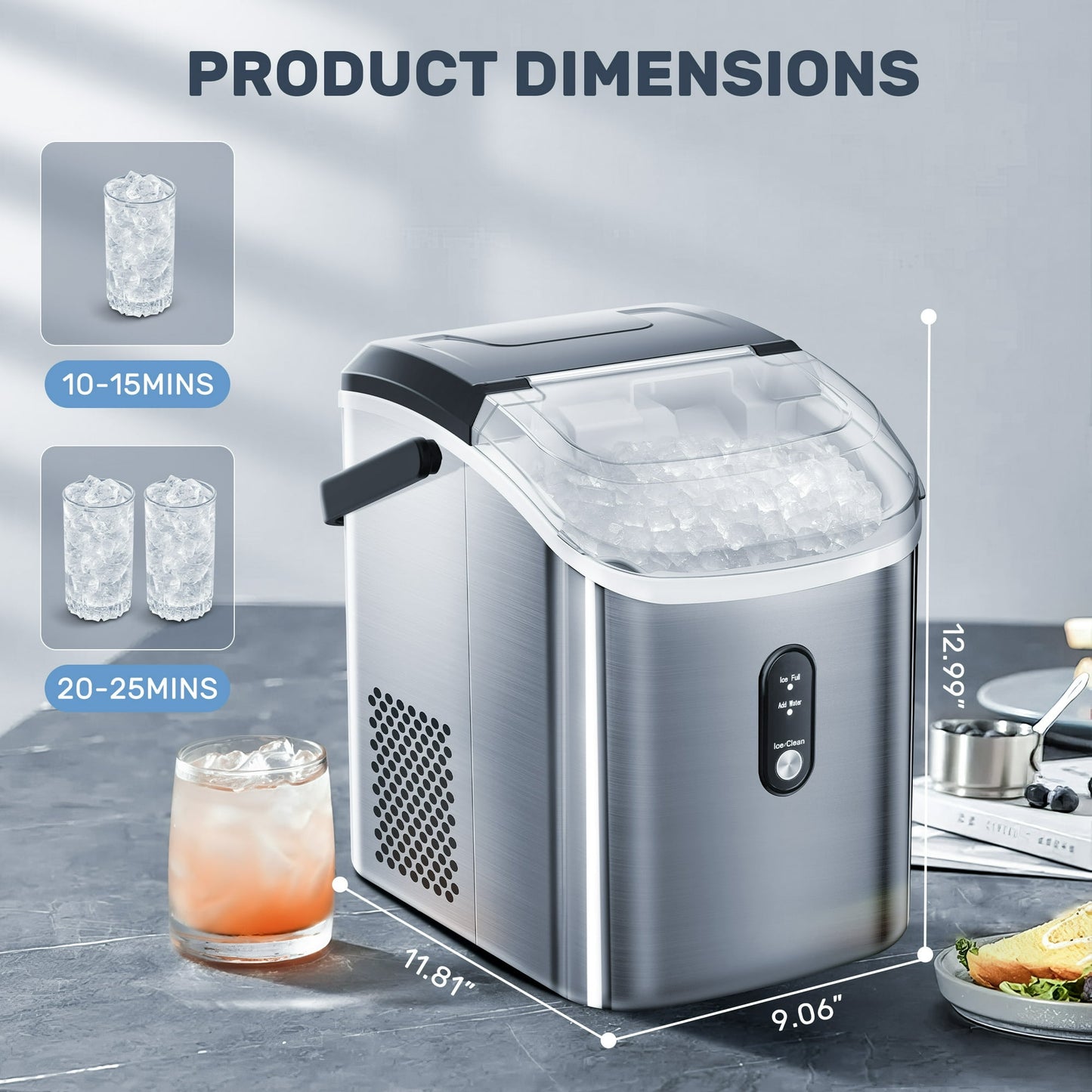 Auseo Nugget Ice Maker Countertop, 35Lbs/24H with Self-Cleaning, 6 Min/Round, for Home/Office/Bar, Stainless Steel-Silver
