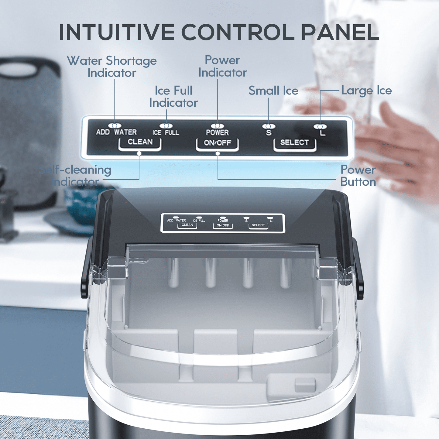 Auseo 26lbs/24H Countertop Ice Maker, 6 Mins/9 Bullets of ice, 2 Sizes of Bullet Ice, Self-Cleaning, Black