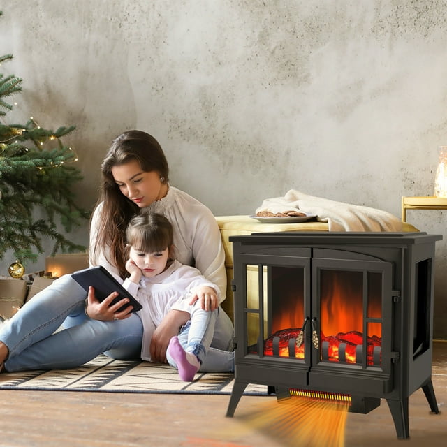Auseo Electric Fireplace Infrared Stove Heater, 23" Freestanding Fireplace Heater, 3D Realistic Flame Effects, Adjustable Brightness and Heating Mode, Overheating Safe Design, 1000W/1500W, Black