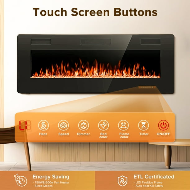 Auseo 50 inch Embedded Wall Mounted Indoor Electric Fireplace, Ultra-thin Low Noise Lightweight LED Fireplace Heater, Touch Screen, Timer, 1500W, Adjustable Flame Color and Speed, Black