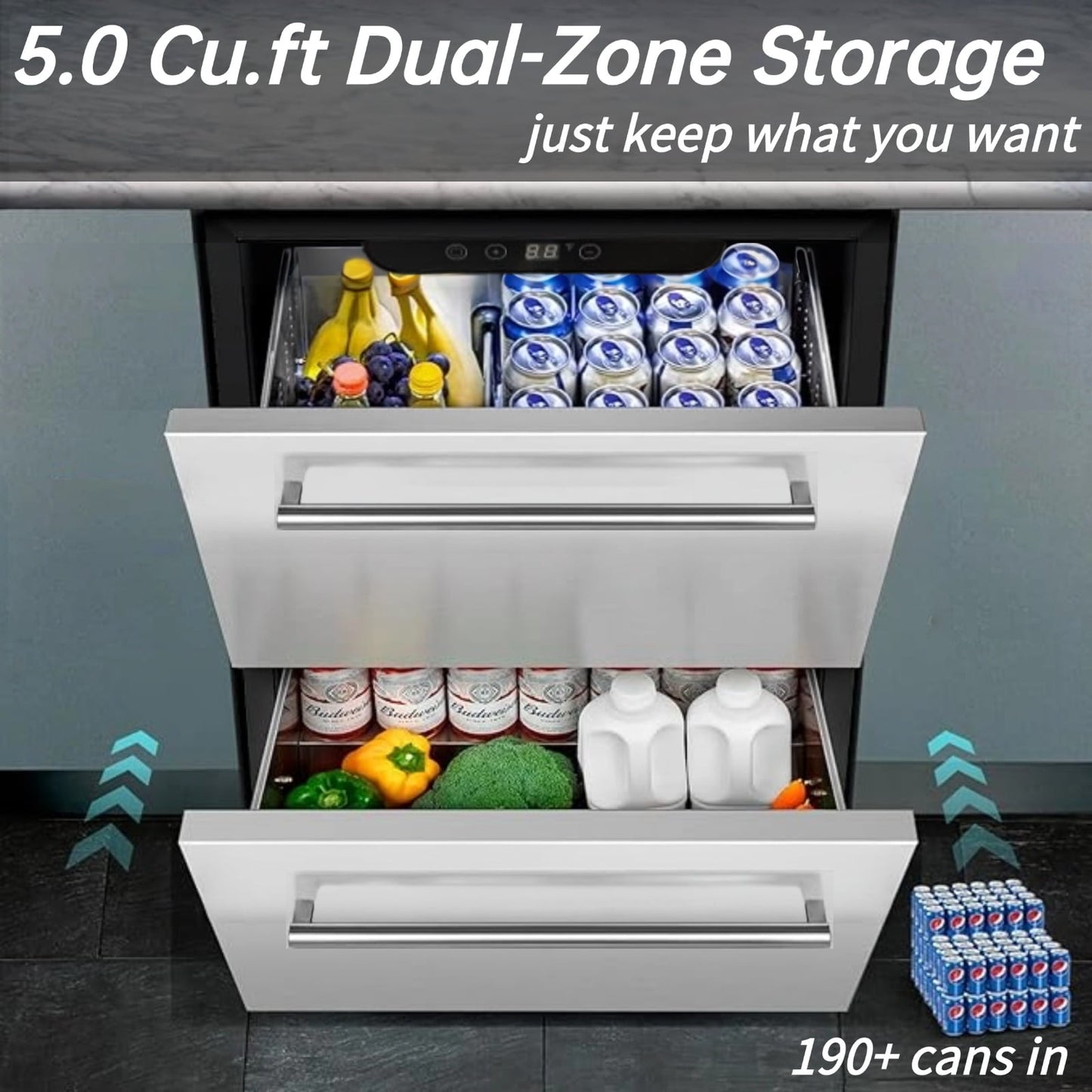 Auseo 24 inch Built-In Dual Drawer Refrigerator Commercial Undercounter Freezerless Cooler with Weather-Resistant Stainless Frame Space-Saving Appliance for Kitchen, Bar, Outdoor Use