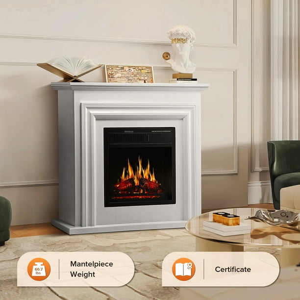 Auseo Electric Fireplace Mantel Wooden Surround Firebox, Free Standing Fireplace, with Remote Control, Adjustable LED Flame, 750W/1500W -(Pearlwhite)