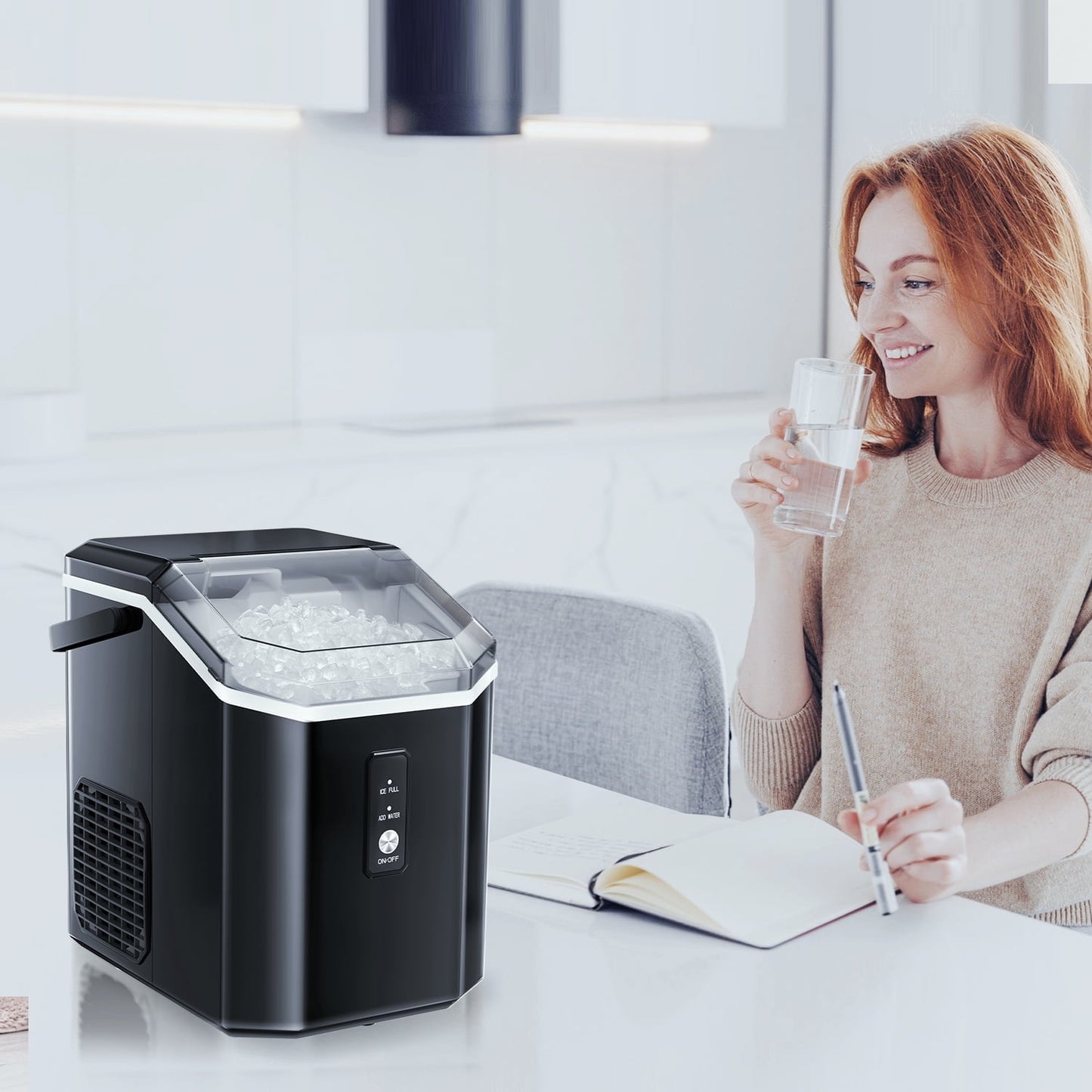 Auseo Countertop Nugget Ice Maker, Self-cleaning Portable Ice Maker Machine with Ice Scoop, 35Lbs/24H for Home/Office/Bar/Party, Stainless Steel Black