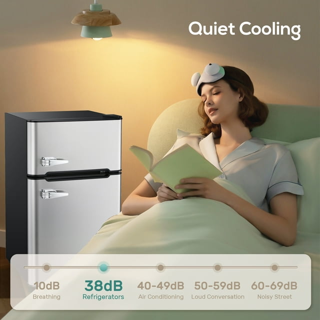 Auseo Double Door 3.2 Cu. ft Compact Refrigerator with Top Door Freezer, Freestanding Mini Fridge with Adjustable Temperature, Upright Freezer, Silver