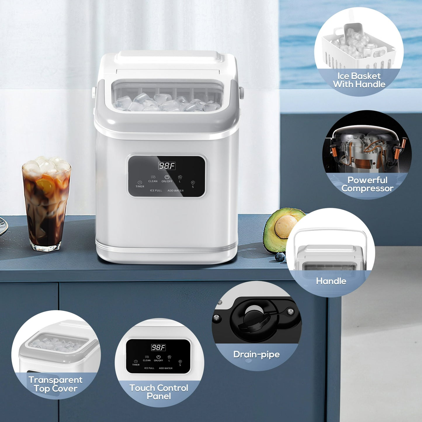 Auseo Countertop Ice Maker Machine, 26Lbs/24H, S/L 2 Size Ice Cube, Timer, Self-Cleaning, Portable Ice Machine with Handle and Ice Scoop