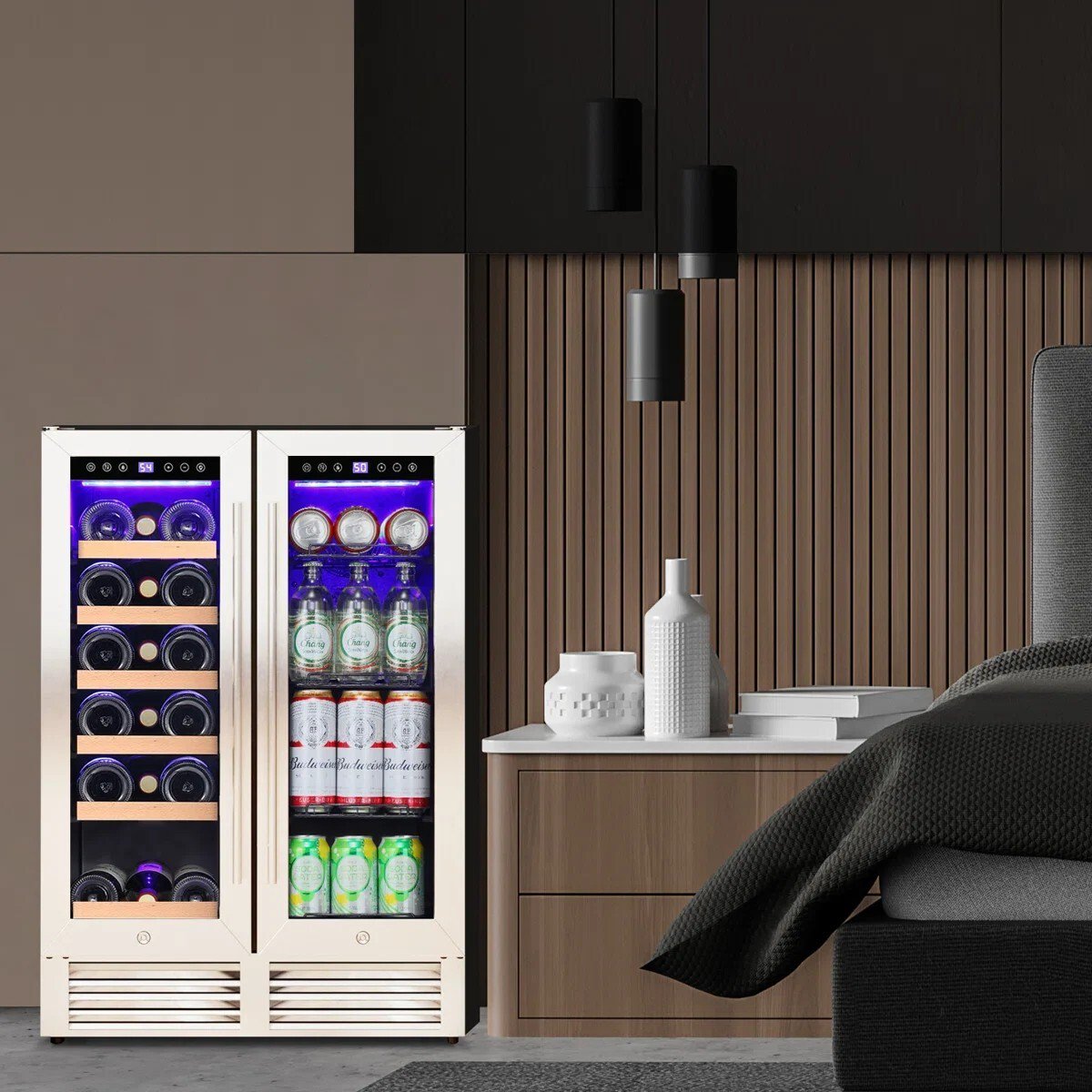 Auseo 24 inch Beverage Refrigerator, 18 Bottle 62 Can Built-In /Dual Zone Wine Fridge,Beer Cooler with Touch Control & Safety Lock for Home/Bar/Office
