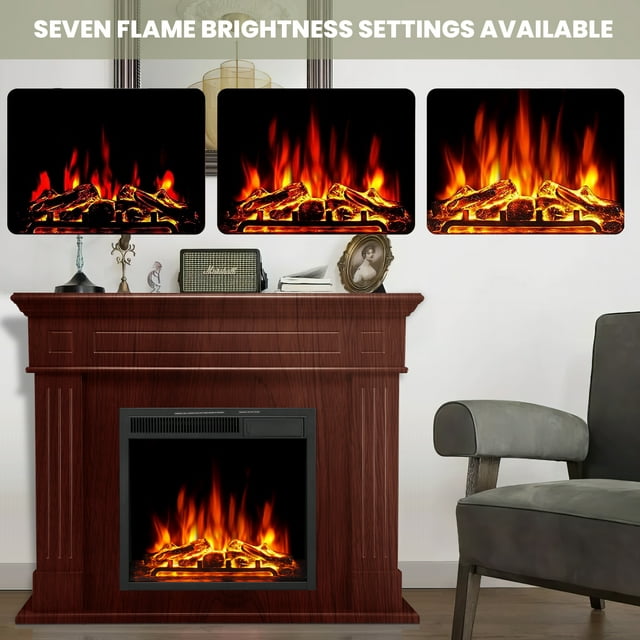 Auseo Electric Fireplace Mantel Package Wooden Surround Firebox TV Stand Free Standing Electric Fireplace Heater with Logs, Adjustable Led Flame, Remote Control, 750W-1500W, Brown