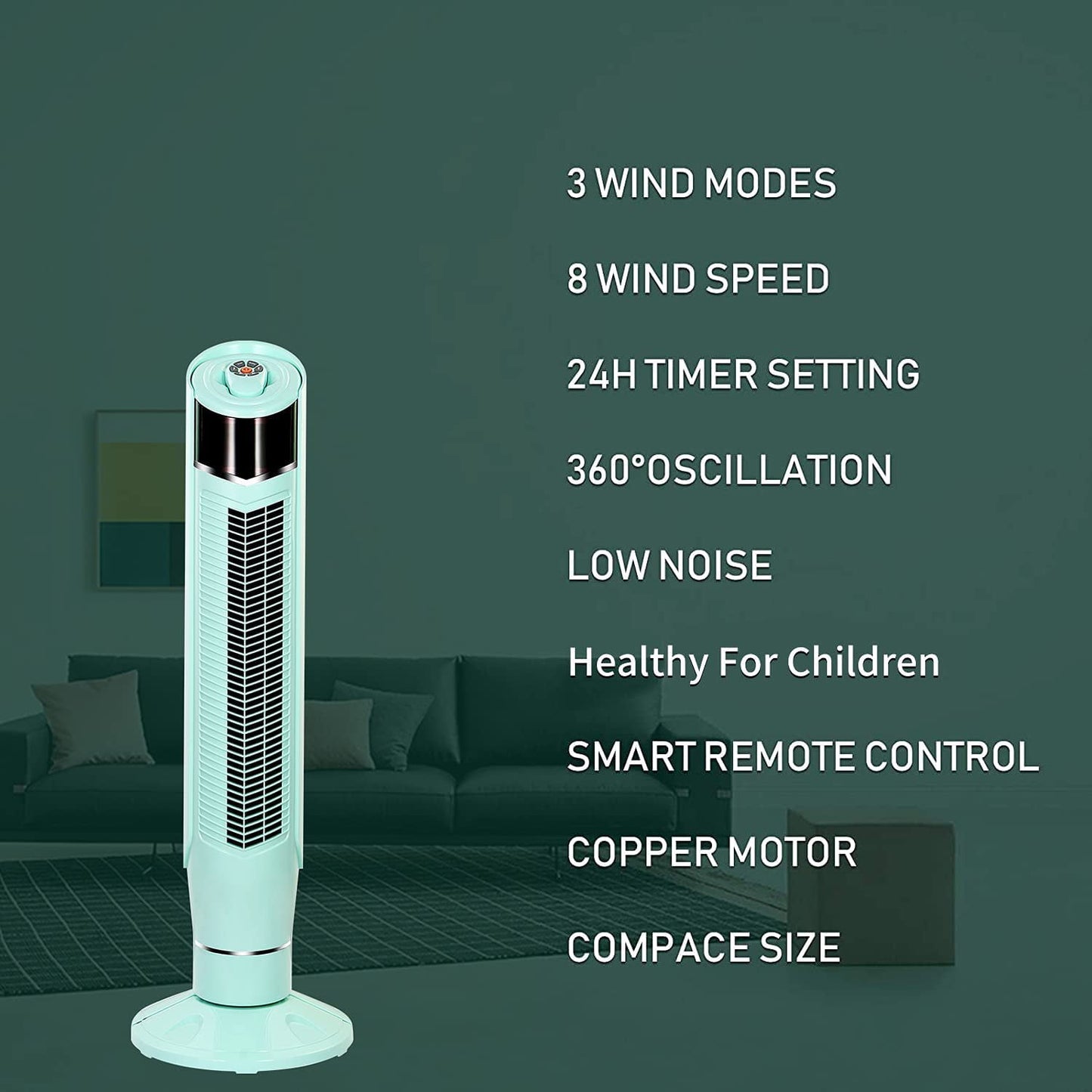 Auseo Tower Fan, Standing Fan Oscillating, Room Fan, Portable Bladeless, Quiet Floor Fan with Remote, 6 Speeds, 3 Modes, 24H Timer for Bedroom, and Home Office Use, (40-inch, GREEN)