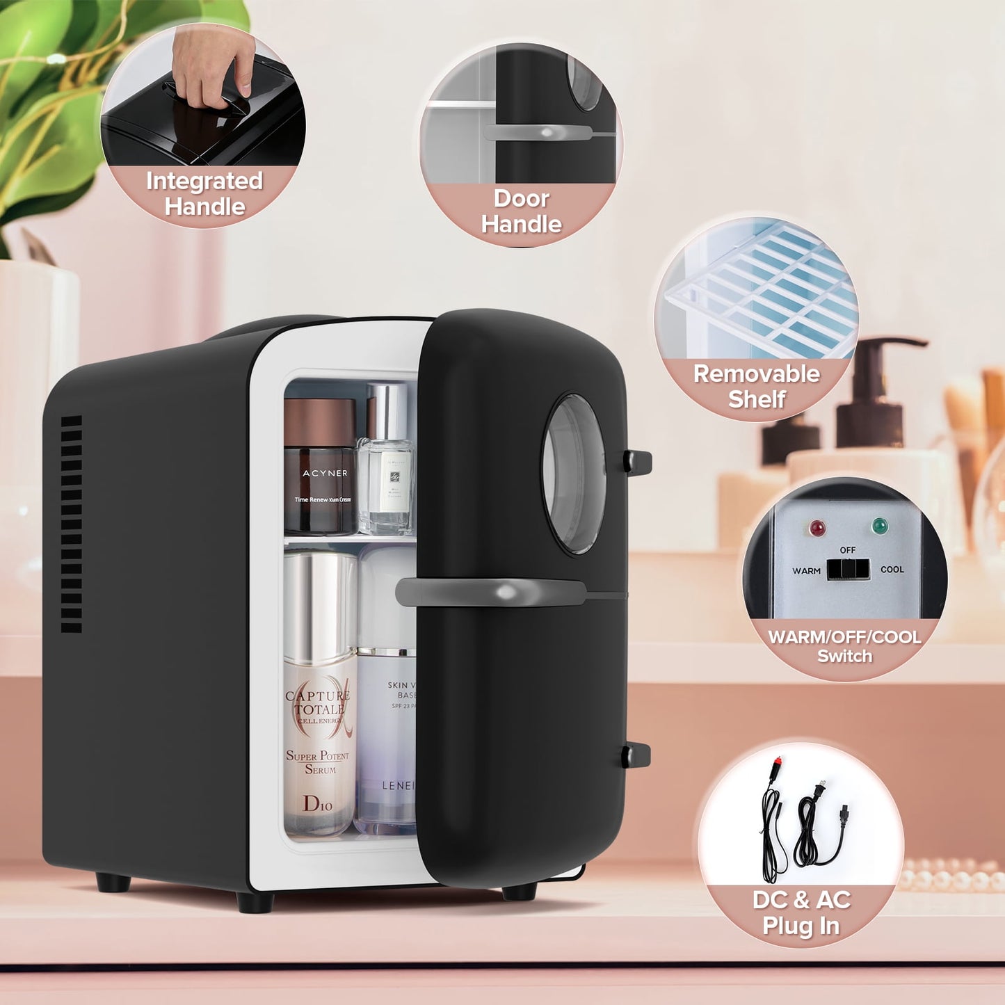 Auseo Mini Fridge, Portable Fridge Personal, 4 Liter/6 Cans Countertop, 120V AC/ 12V DC, Cooler and Warmer for Drink Office Dorm Bedroom Car, Black