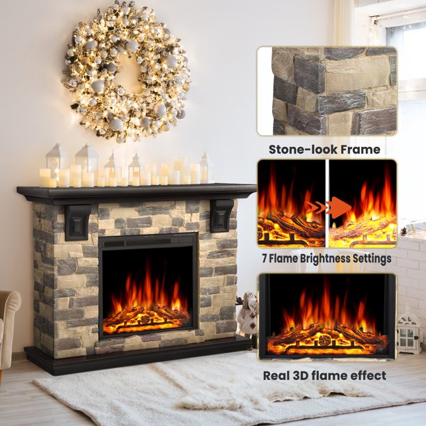 Auseo 50" Electric Fireplace Mantel Package, Freestanding Fireplace with TV Stand, Remote Control, Adjustable Flame Brightness, 750W/1500W