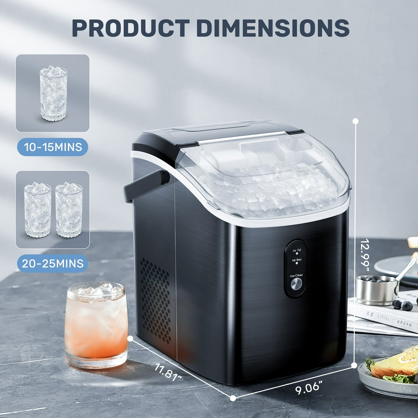 Auseo Nugget Ice Maker Countertop, 35Lbs/24H with Self-Cleaning, 6 Min/Round, for Home/Office/Bar, Stainless Steel-Black
