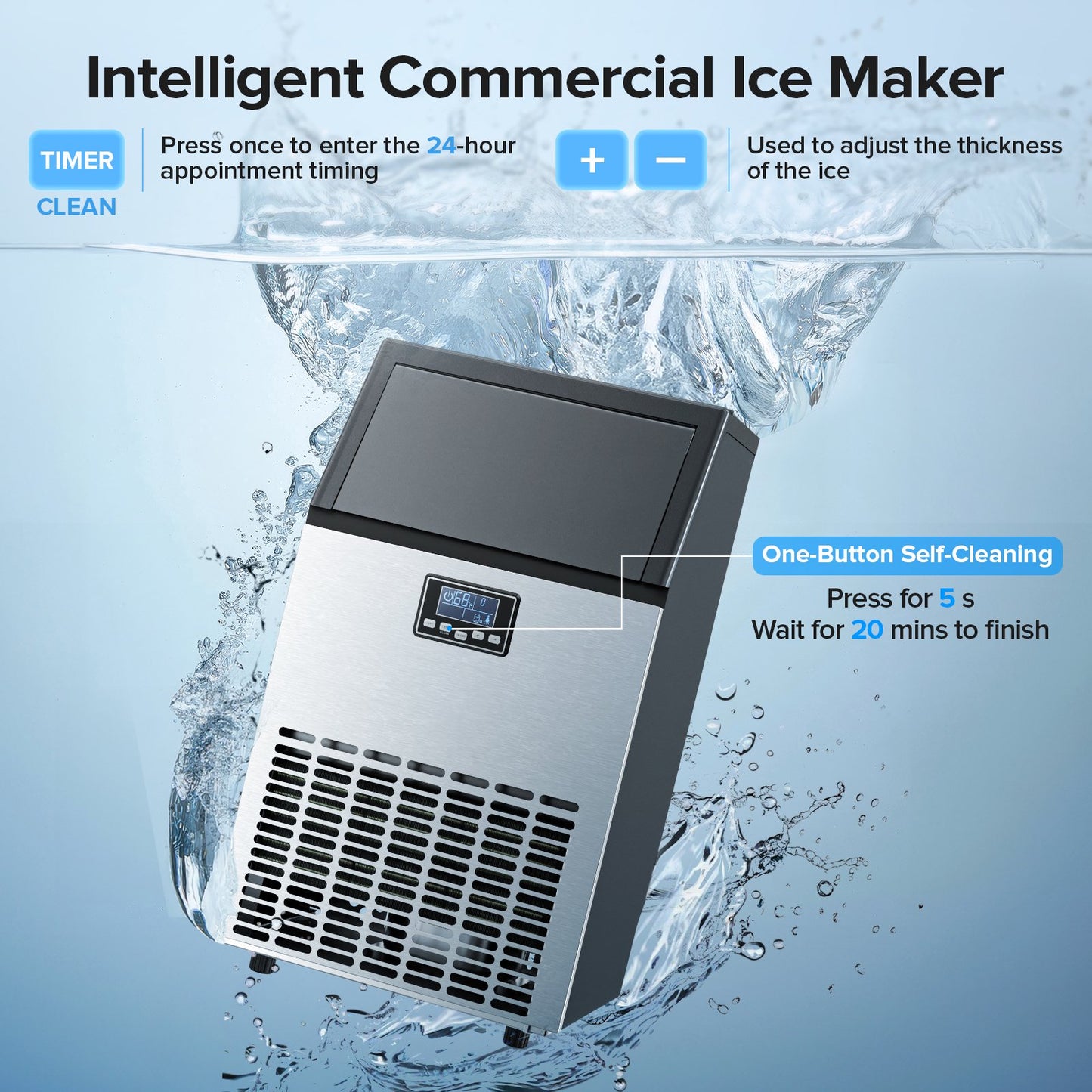 Auseo Commercial Crescent Ice Maker, 100Lbs/24H Stainless Steel, 64Pcs in 11-20 Mins, 2 Water Adding Modes, Companies/Families/Bars