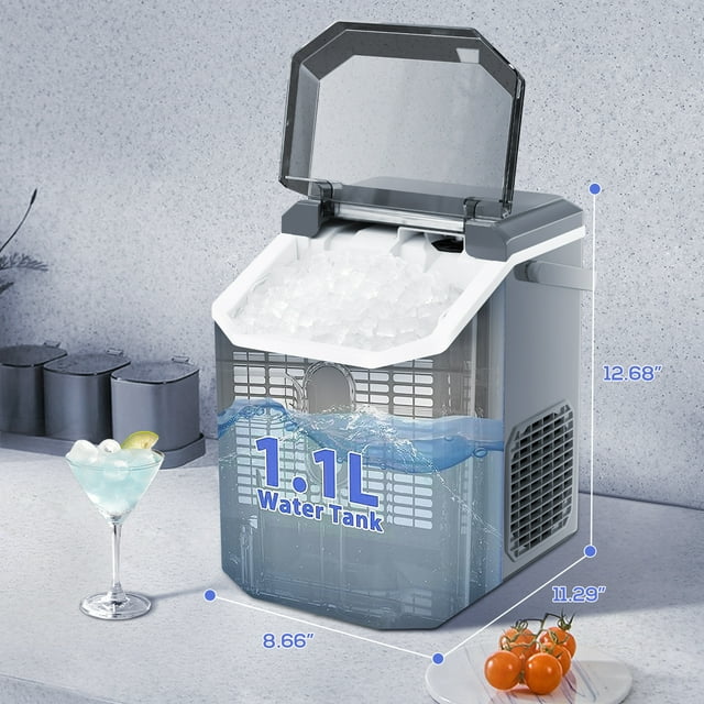Auseo Nugget Ice Maker Countertop with Soft Chewable Pellet Ice, Portable Ice Machine with Handle, 34lbs/24H, for Kitchen/Office/Party (Gray)