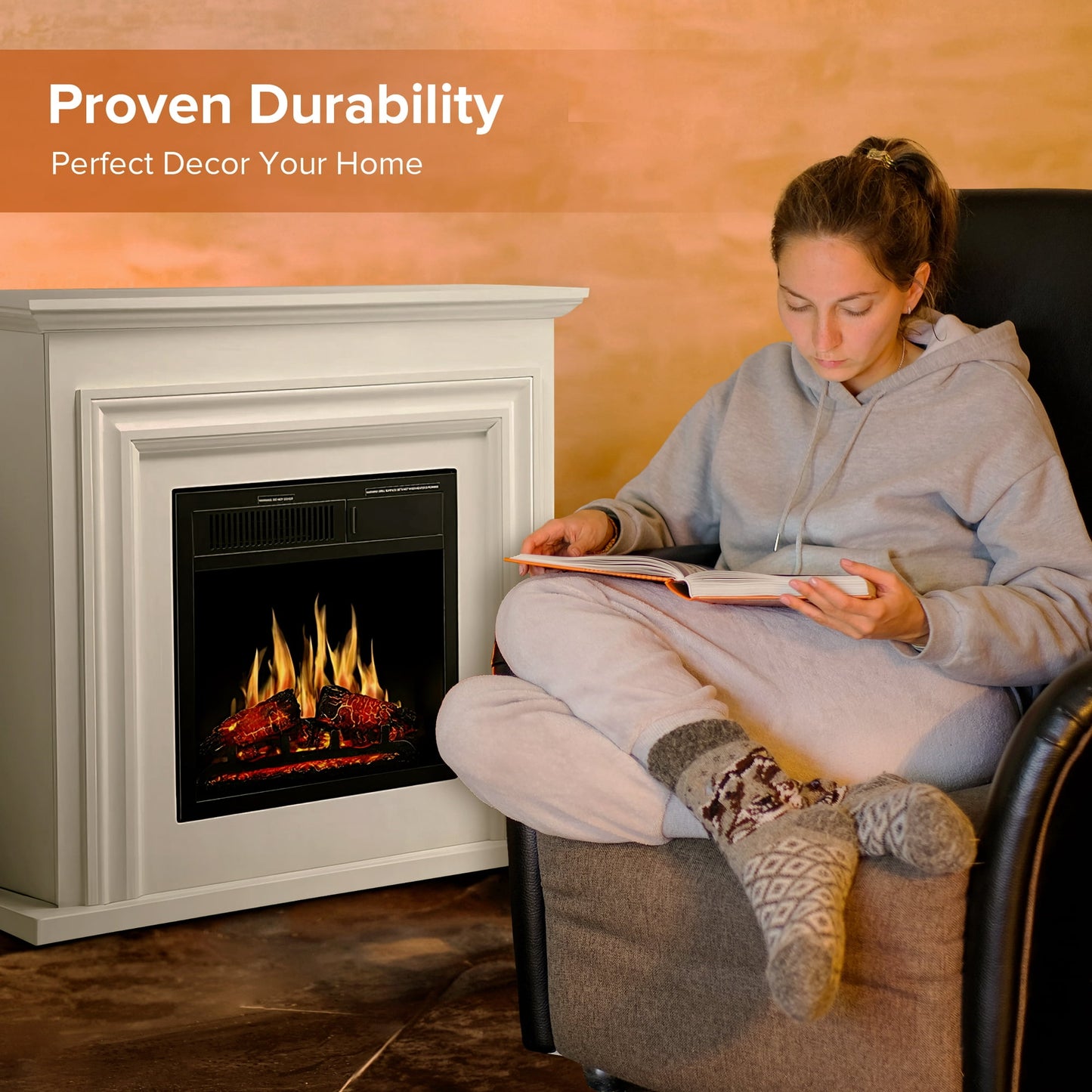 Auseo Electric Fireplace Mantel Wooden Surround Firebox, Free Standing Fireplace, with Remote Control, Adjustable LED Flame, 750W/1500W -(White)