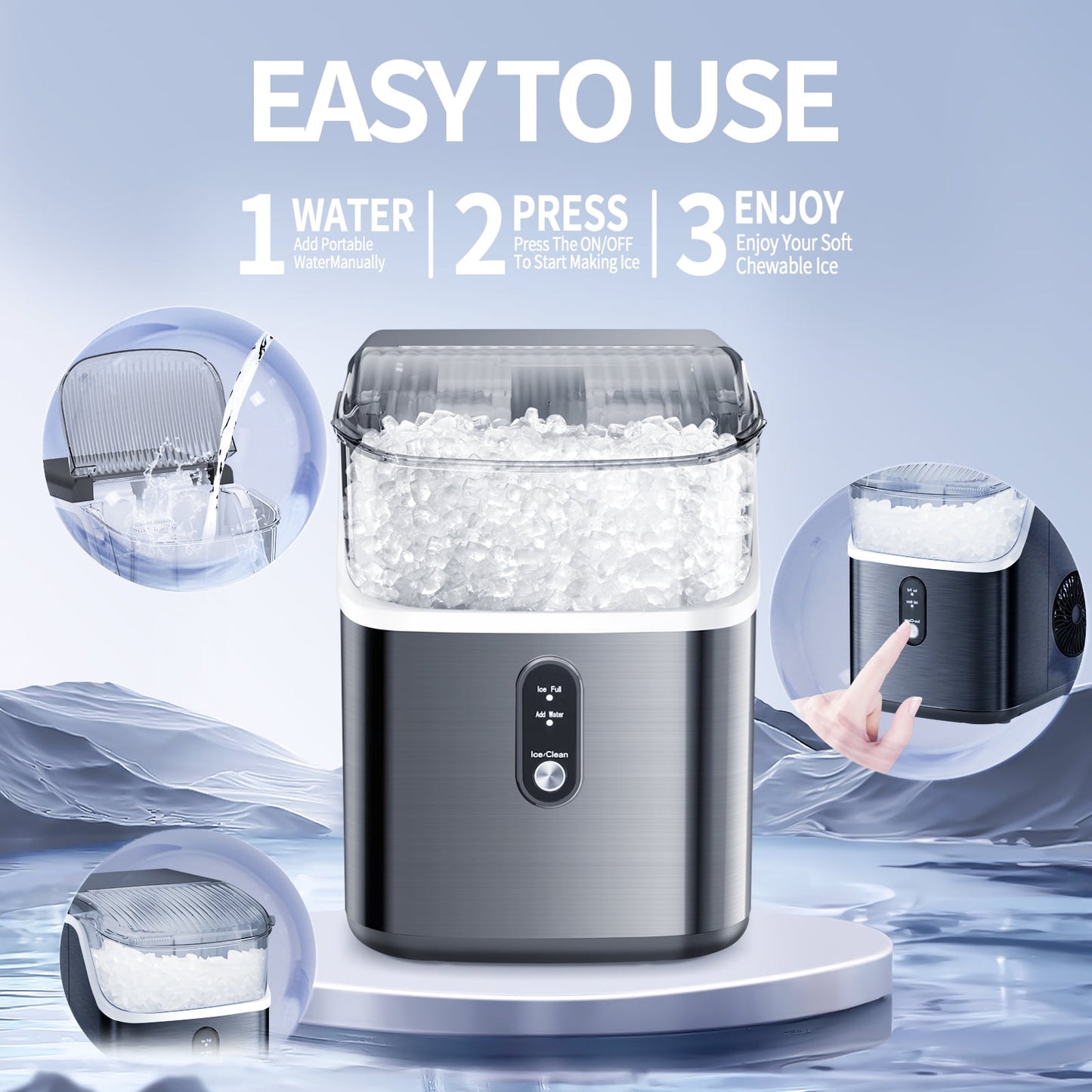 Auseo Nugget Ice Maker, 35lbs/24H with Self-Cleaning Function, Portable Sonic Ice Machine for Home/Office, Stainless Steel Black