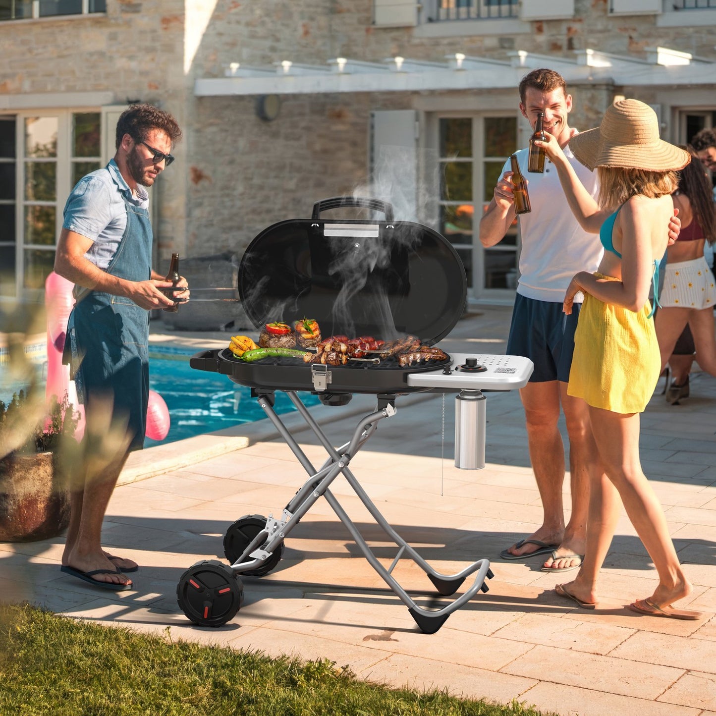 Auseo Portable 348 sq.in Stand-Up Propane Grill, 15000 BTU Folding Gas Grill Cart with Side Table & 2 Wheels for Camping, Patio