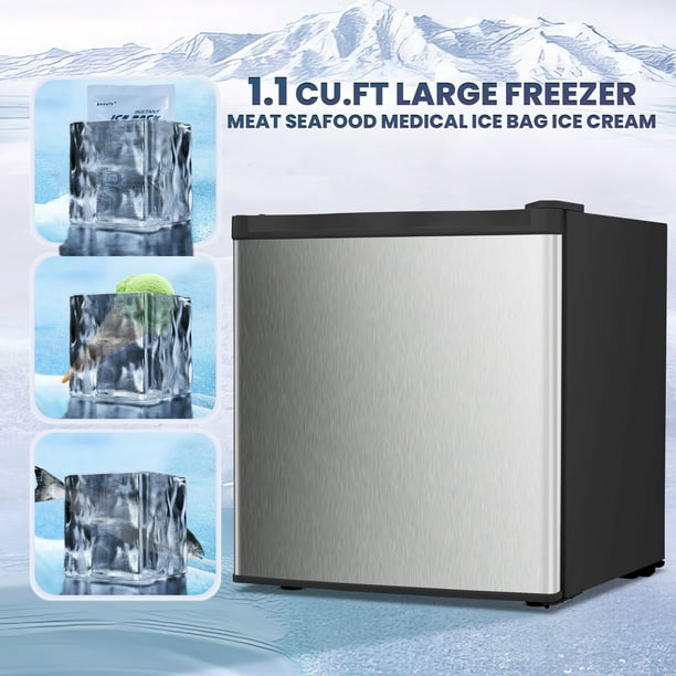 Auseo 1.1 Cu.ft Compact Upright Freezer with Reversible Single Door, Removable Shelves Free Standing Mini Freezer with Adjustable Thermostat for Home/Kitchen/Office-Silver&Black