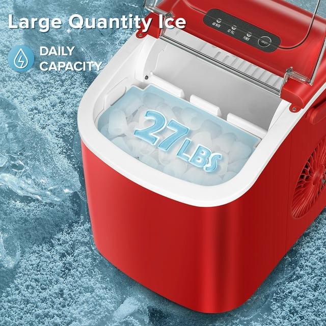 Auseo Ice Makers Countertop, 9 Cubes in 6 mins, 26lbs in 24Hrs, Portable Self-Cleaning Ice Machine with Ice Scoop & Ice Bag, Bullet Ice for Home Kitchen Office Bar Party (Red)