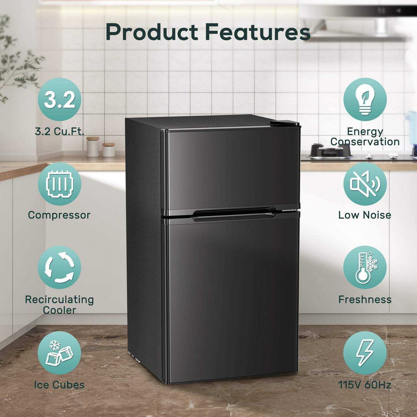 Auseo 3.1 Cu.Ft Double Door Mini Fridge with Freezer, Compact Retro Refrigerator for Dorm, Office, Bar, Bedroom, Black