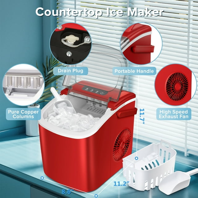 Auseo Ice Makers Countertop, 9 Cubes in 6 mins, 26lbs in 24Hrs, Portable Self-Cleaning Ice Machine with Ice Scoop & Ice Bag, Bullet Ice for Home Kitchen Office Bar Party (Red)