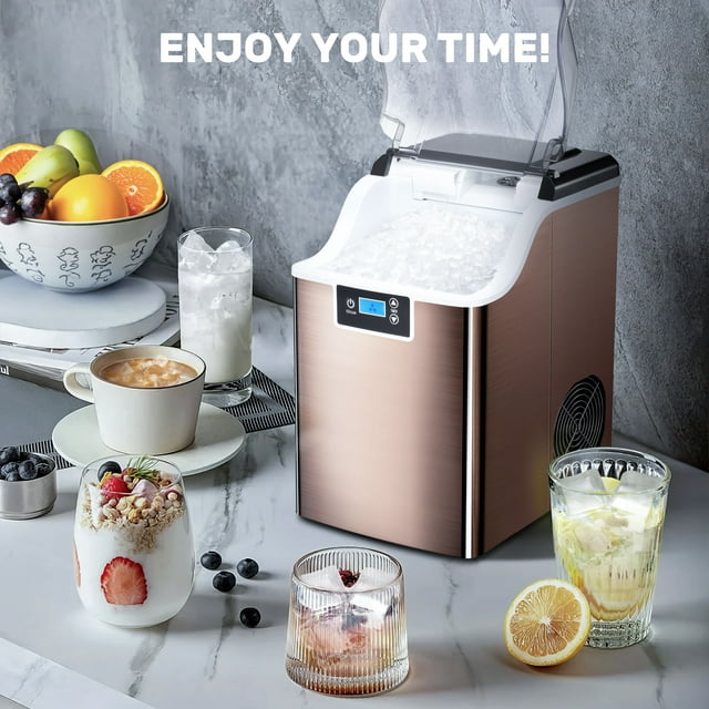 Auseo Nugget Ice Maker Countertop with Soft Chewable Pellet Ice, Self-Cleaning, LED Display, 44lbs/24H, Suitable for Home/Kitchen/Bar/Party-Bronze