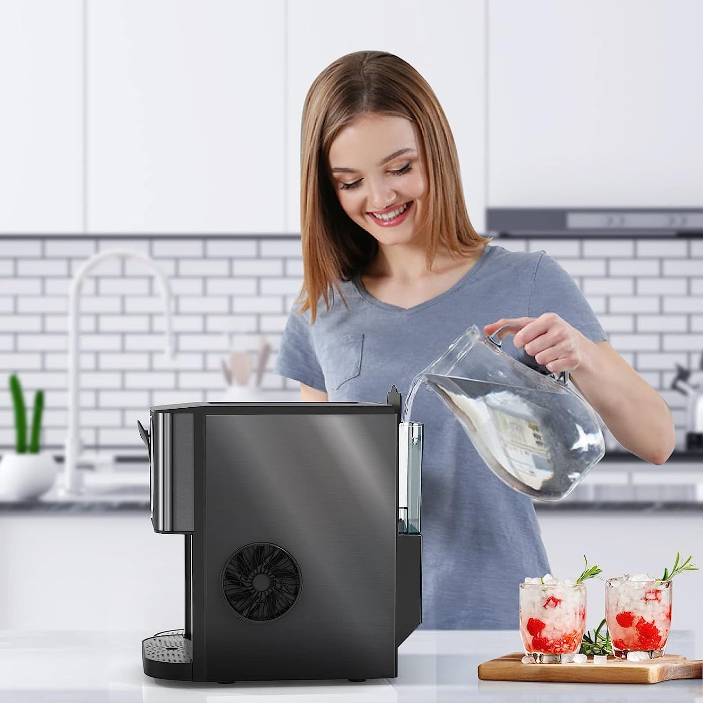 Auseo Soft Chewable Nugget Ice Maker Countertop, 44lbs /24H, Self-Cleaning, One-Button Operation, Home/Kitchen/Office/Party, Black