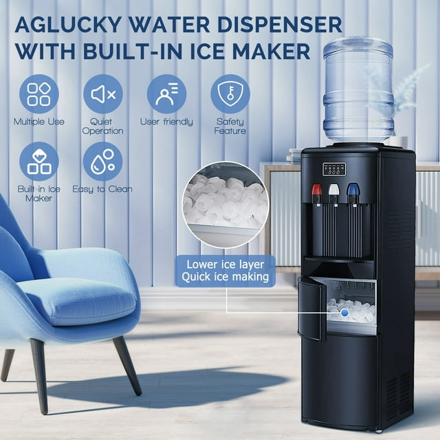 Auseo 3-in-1 Water Cooler Dispenser with Built-in Ice Maker, Top Loading Water Coolers with 3 Temperature Settings, 5 Gallon Bottle, Child Lock, 27Lbs/24H Ice Maker Machine-Black