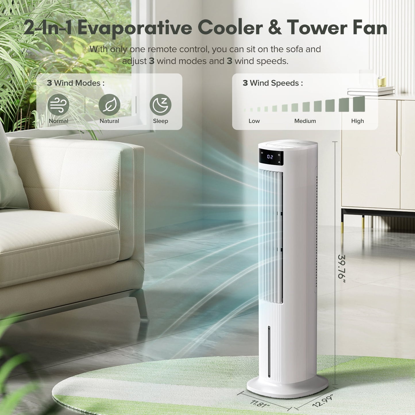 Auseo Evaporative Air Cooler,Tower Fan For Bedroom,40" Quiet Cooling 80° Oscillating Fan with 3 Wind Speeds & 3 Wind Modes, Remote Control,24H Timer for Office/Home,White