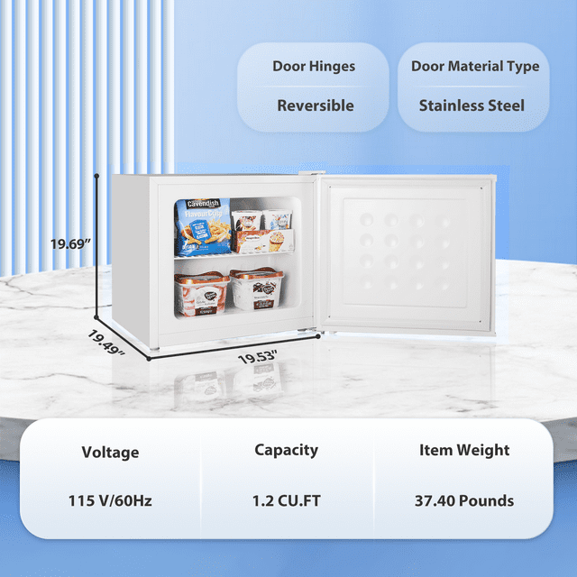 Auseo 1.2 Cu.ft Upright Compact Freezer, Mini Freezer with Handle, Reversible Single Door, Energy Saving & Adjustable Temperature & Quiet Operation for Dorm/Home/Office/Apt-White