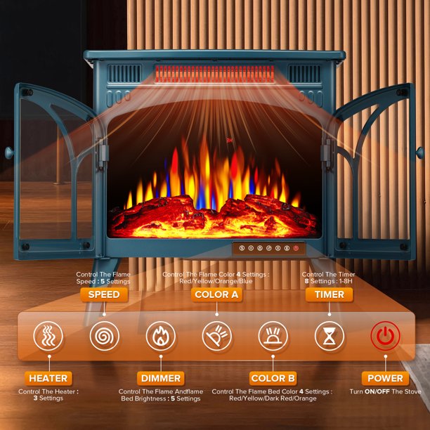 Auseo Electric Fireplace Heater 25’’ with 3D Realistic Flame Effect, Freestanding Fireplace with Remote Control, Timer, Different Flame Color,2 Heating Modes 500W/1500W