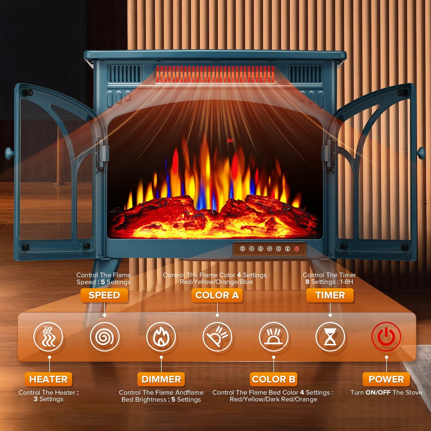 Auseo Electric Fireplace Heater 25’’ with 3D Realistic Flame Effect, Freestanding Fireplace with Remote Control, Timer, Different Flame Color,2 Heating Modes 500W/1500W, Darkgreen